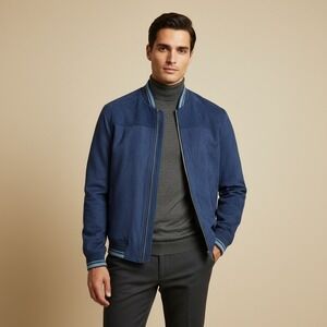 Robert Graham Mens Blue Faux Suede Bomber Jacket Full Zip Size S